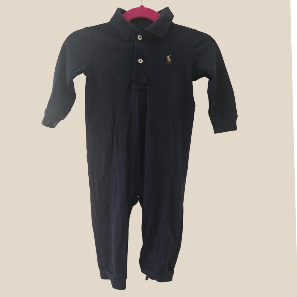 Ralph Lauren Baby Boy Navy Blue Pima Cotton Long Sleeve Polo Romper 12M